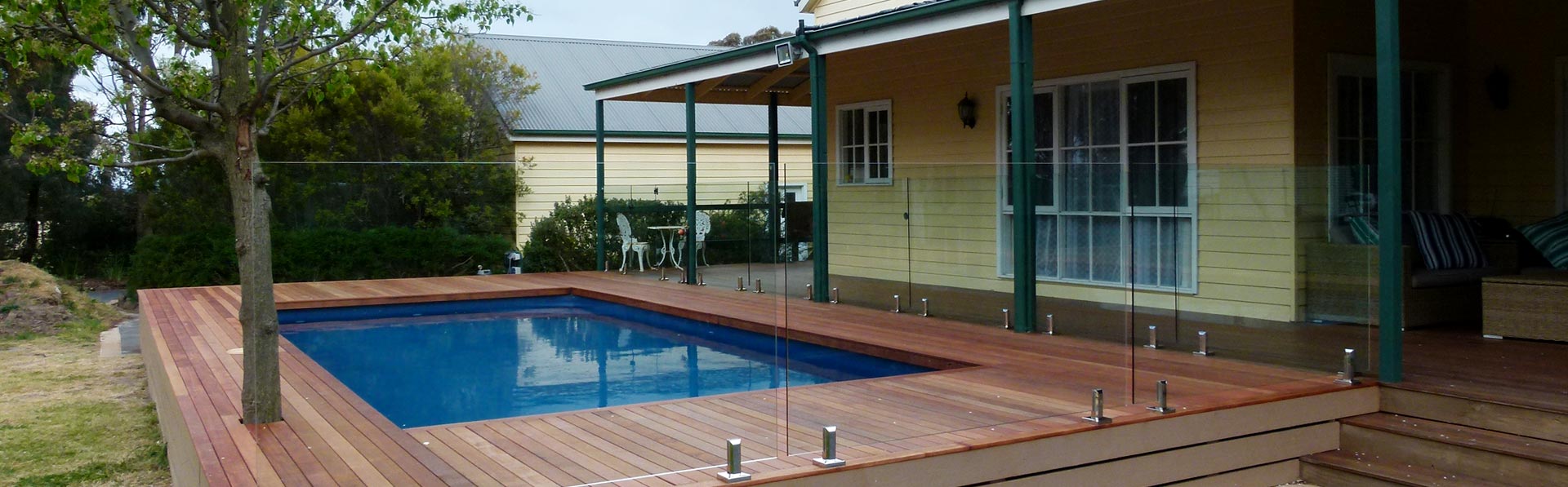 rectangle above ground pool with metal deck